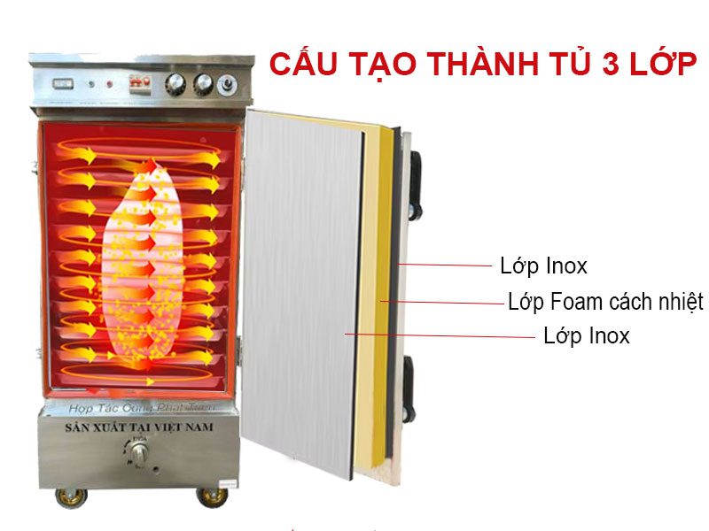 Tủ nấu cơm 10 khay dùng điện và gas