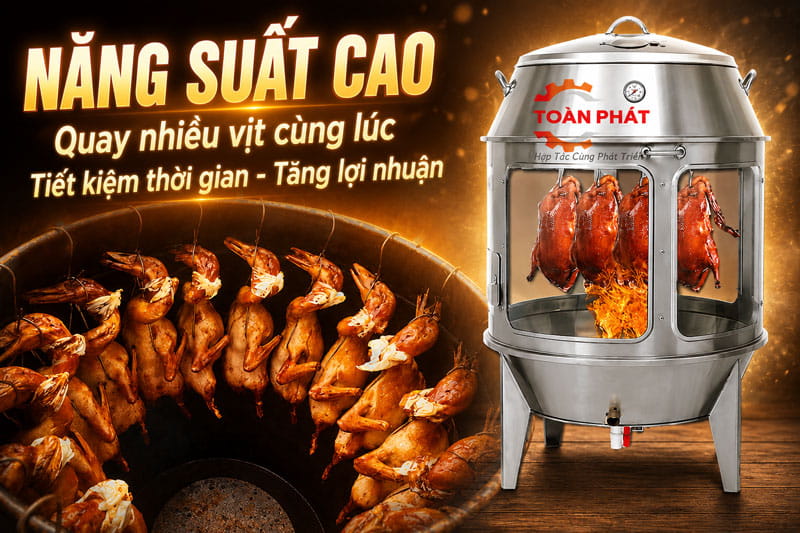 Vịt quay chín vàng giòn đều màu bằng lò quay vịt có kính cường lực Toàn Phát